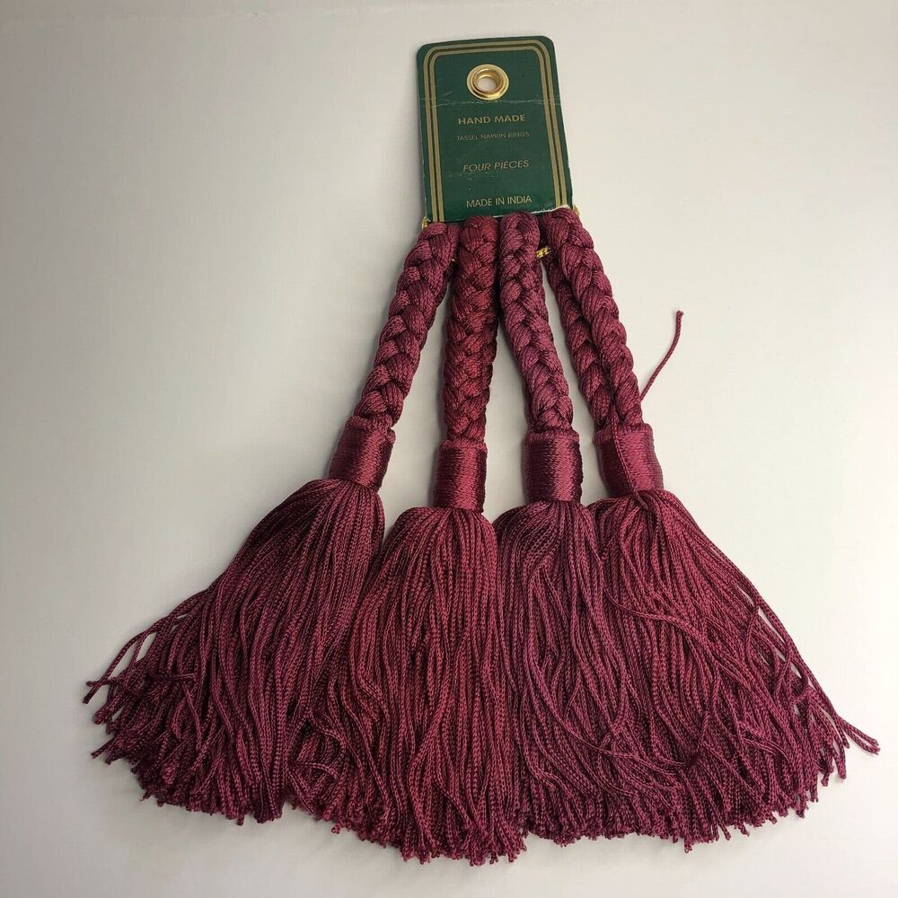 NEW Handmade Burgundy Tassel Napkin Rings Set Of 4 Made In India